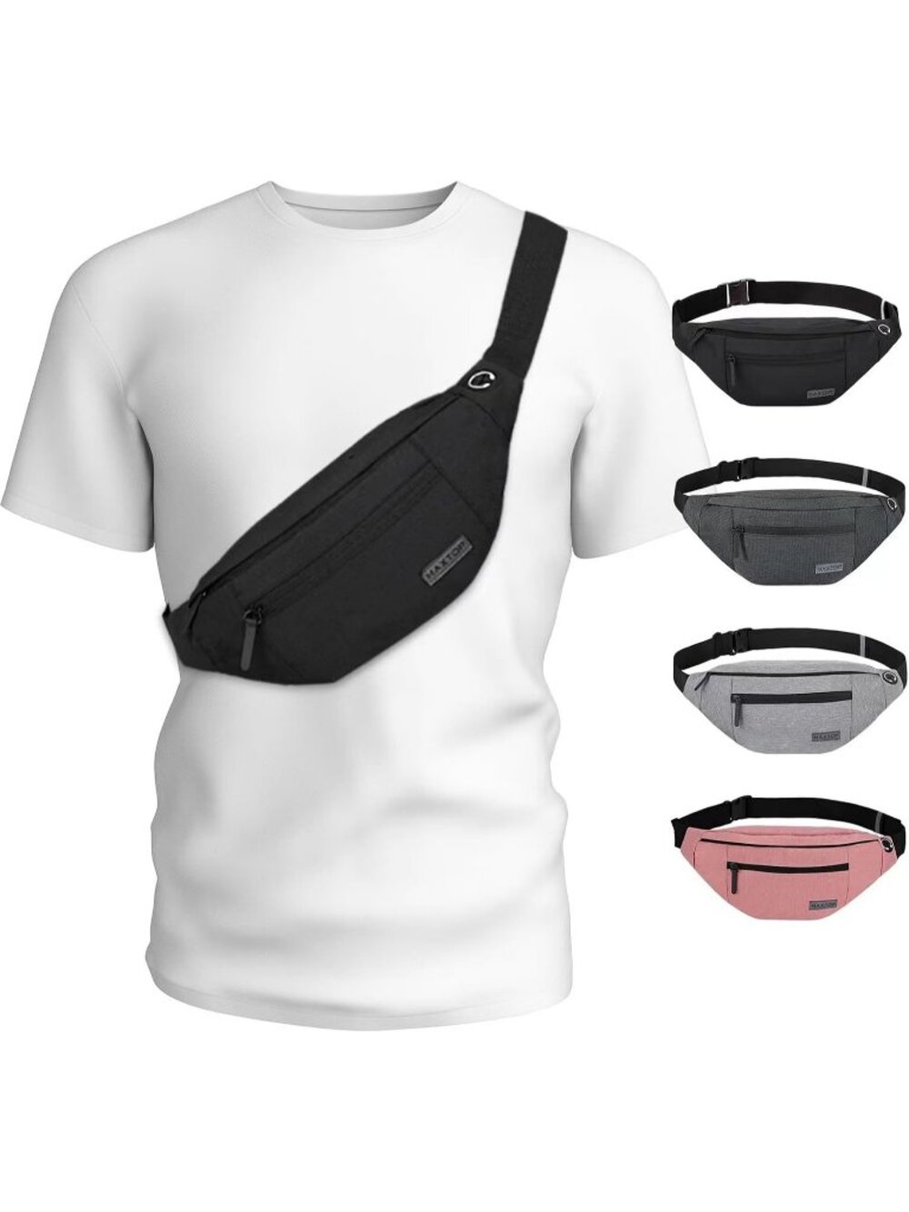 Men's Black Large Crossbody Fanny Pack With 4-Zip Belt Bag Waist Pack Traveling